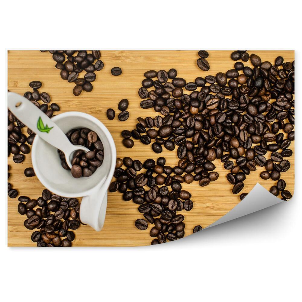 Tapisserie panoramique Grains de café carte du monde tasse cuillère table en bois