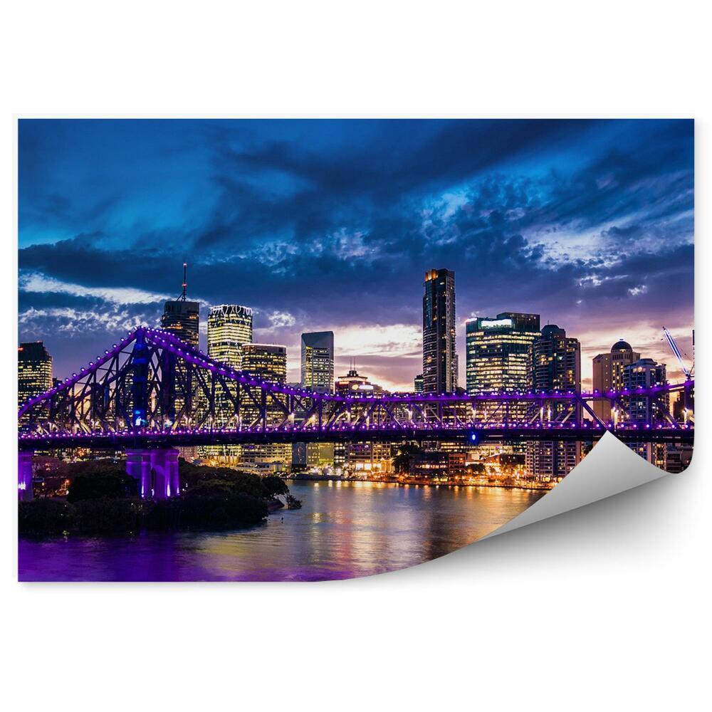 Papier peint Panorama De La Ville Gratte-Ciel Pont Rivière Lumières Nuit Nuages