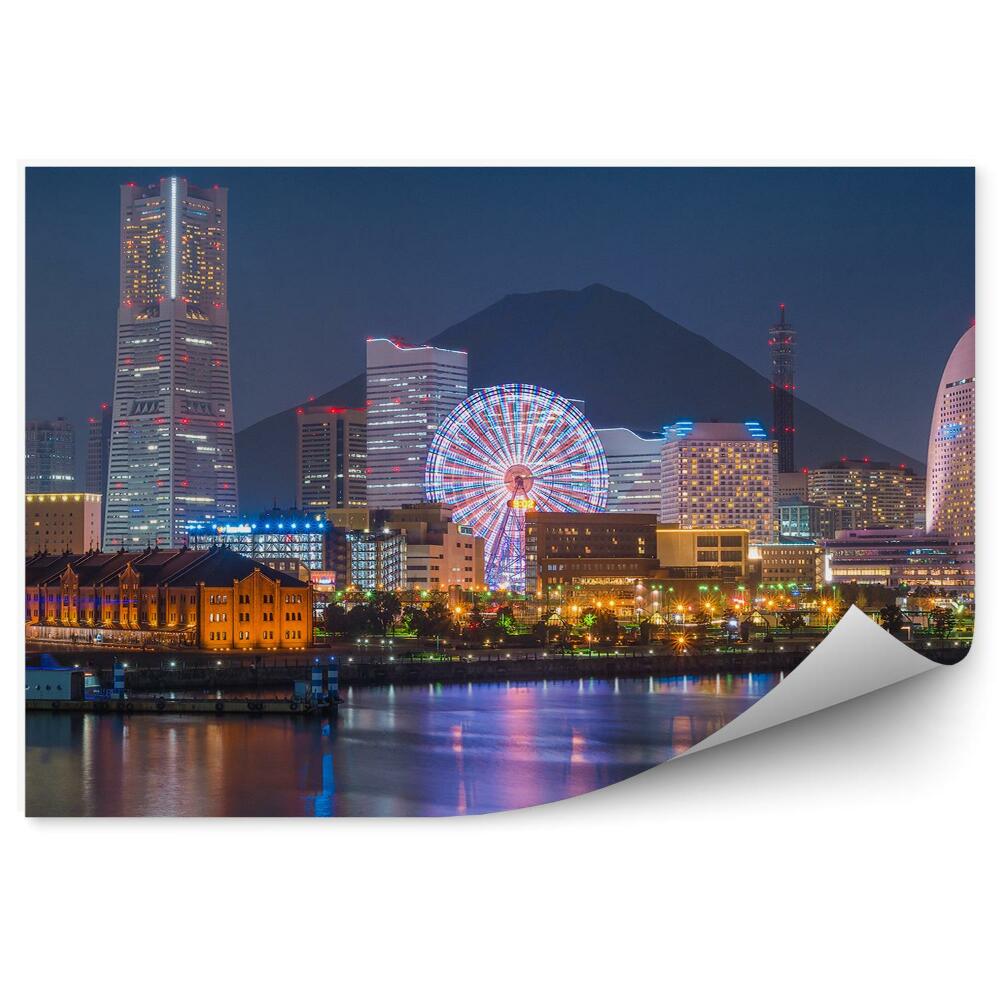 Papier peint Yokohama City Skyline Mt. Fuji Crépuscule Lumière Nuit