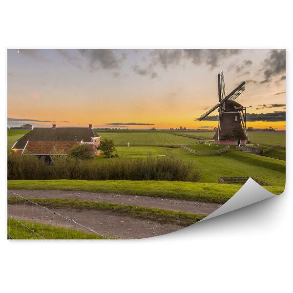 Papier peint Moulin à vent en bois Champ Herbe Coucher de soleil