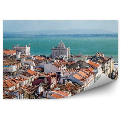 Papier peint Vue d'oiseau Lisbonne Bâtiments Océan Montagnes Nuages