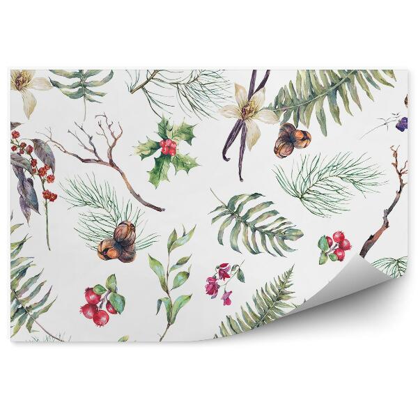 Papier peint Feuilles de fougère vanille fruits branches cônes arbre de Noël