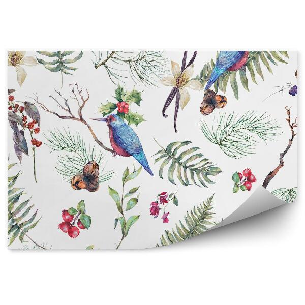 Papier peint Feuilles de fougère vanille fruits branches cônes d'arbre de Noël oiseaux gila