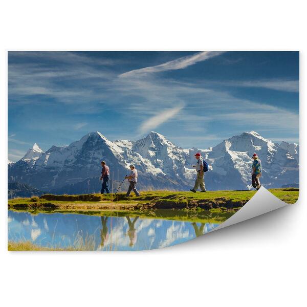 Papier peint Sports Montagnes Alpes Suisses Étang Plantes Personnes