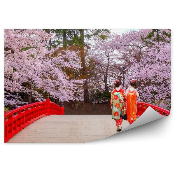 Papier peint Pont rouge geisha kimono arbres nature