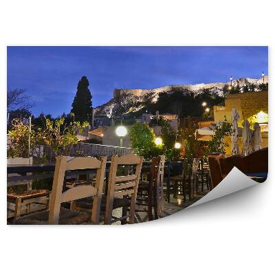 Papier peint Café Traditionnel Terrasse Anafiotika Plaka Ruines Maisons Fleurs Plantes Arbres