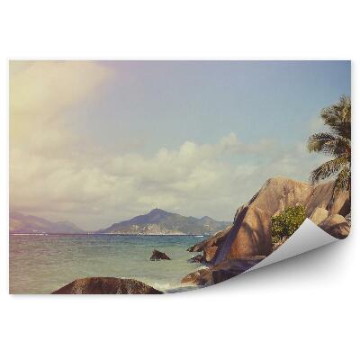 Papier peint Plage Océan Roches Plantes Montagne Ciel Nuages Seychelles