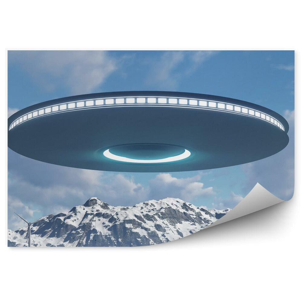 Papier peint Ufo Nuages Ciel Montagnes Maisons Usine Moulins À Vent Hiver Neige 3d