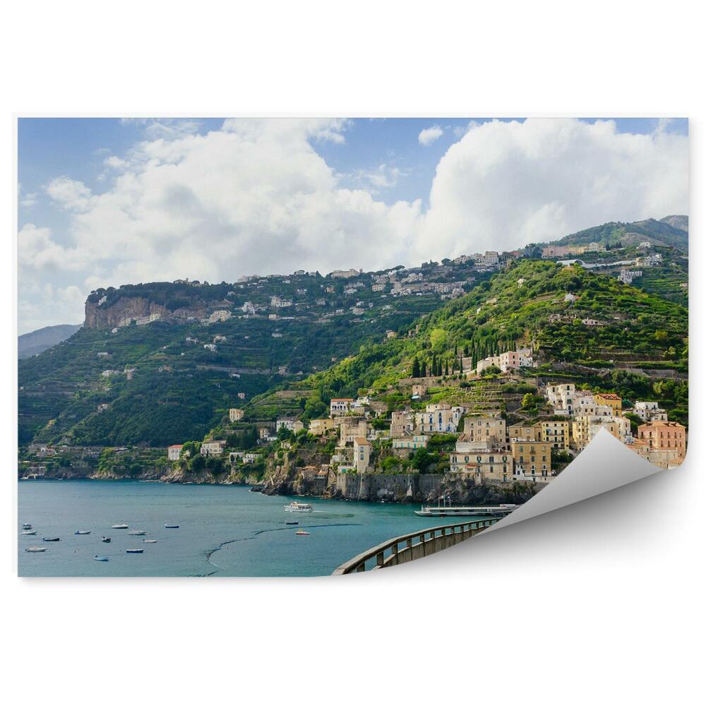 Papier peint Île côte bateaux nature maisons vertes