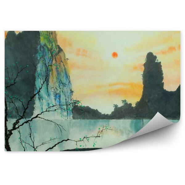 Papier peint Montagnes Chinoises Coucher De Soleil Brouillard Arbre Bateau Image