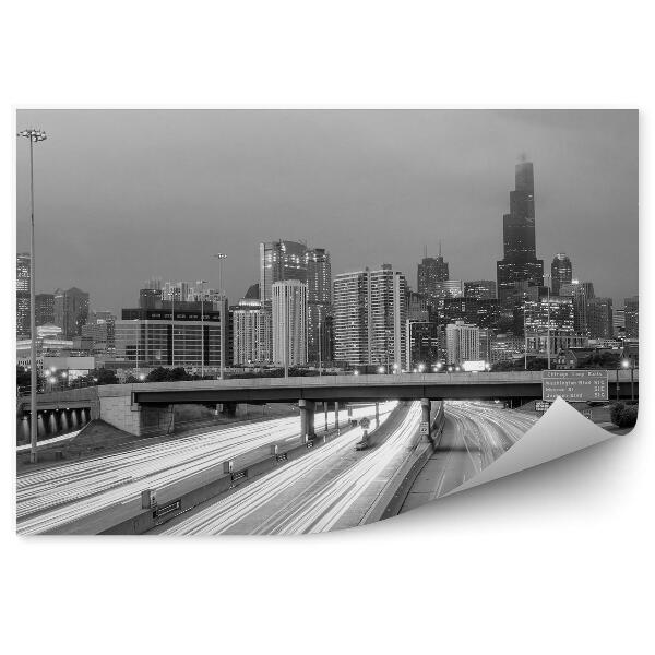 Papier peint Sepia Bird's Eye View Downtown Chicago Skyscrapers Bridge Street Light