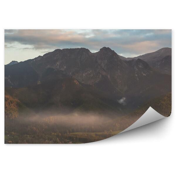 Papier peint Giewont Montagnes Maisons Conifères Nuages Ciel Tatras