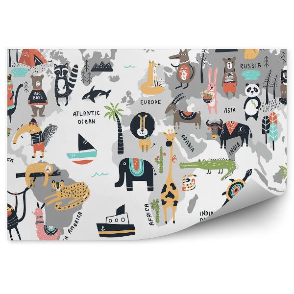 Papier peint panoramique Carte du monde animaux graphiques pour enfants noms anglais