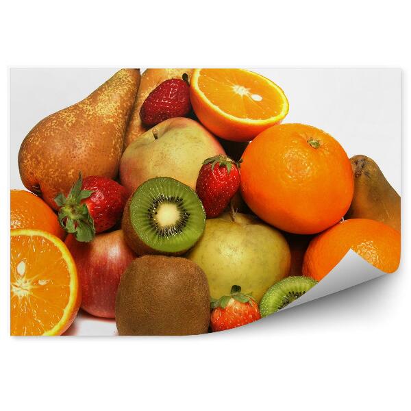 Tapisserie panoramique Pyramide de fruits fond blanc orange kiwi poire