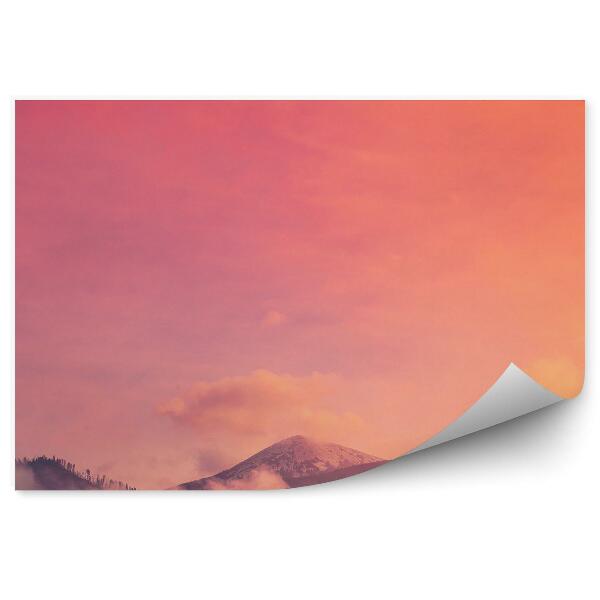 Papier peint Montagnes Brume Arbres Nuages Coucher De Soleil Herbe