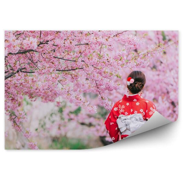 Papier peint Femme kimono ville arbres nature cerisiers en fleurs