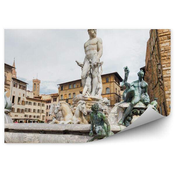 Papier peint Fontaine de Neptune Bâtiments Ciel Nuages Florence Italie