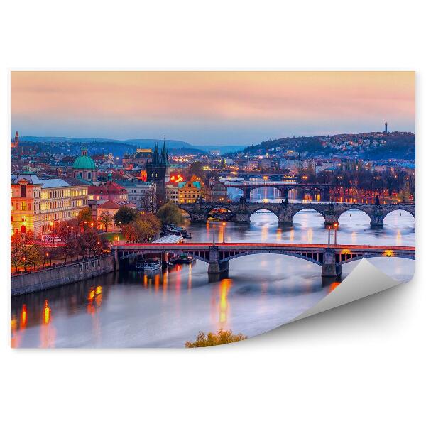 Papier peint Ponts Panorama de Prague Nuit Lumières Coucher de soleil