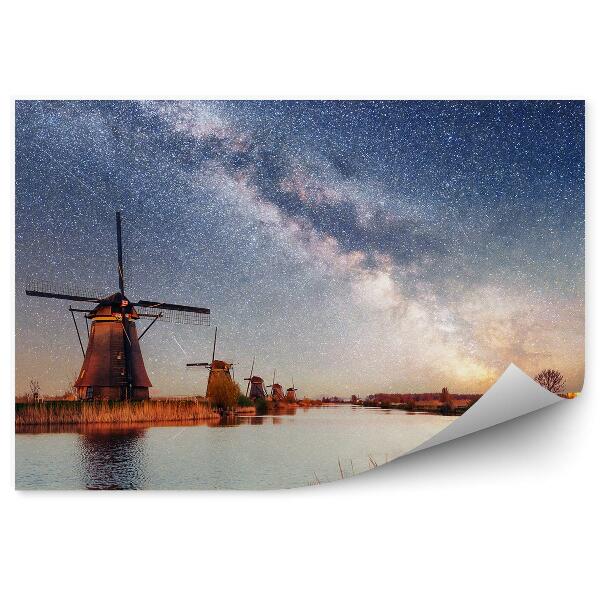 Papier peint Ciel De Moulin Hollandais Lac Herbes Ciel Étoilé Galaxie Voie Lactée Étoiles Filantes