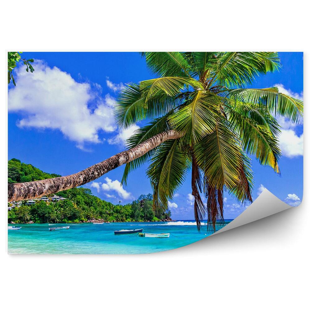 Papier peint Ciel Nuages Plage Tropicale Bateau Montagnes Maisons Arbres Palmiers Océan Mer