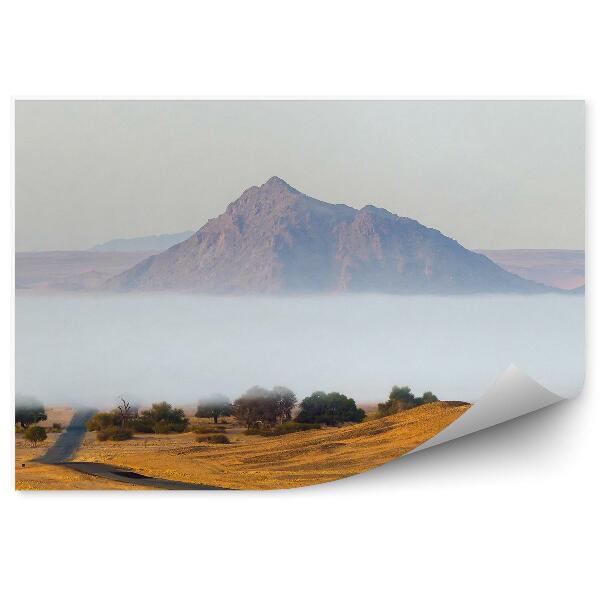 Papier peint Brouillard Sur Route Goudronnée Désert Montagnes Namibiennes Ciel Brume Matinale