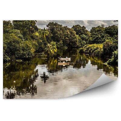 Papier peint Bateaux de pêche Eau Rivière Palmiers Verdure