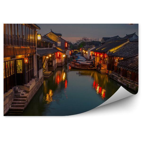 Papier peint Chine maisons bateaux canal lumière nuit