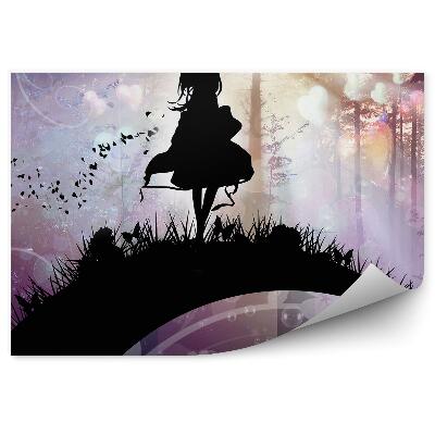 Papier peint Fille Rubans Herbe Arbres Papillons Feuilles