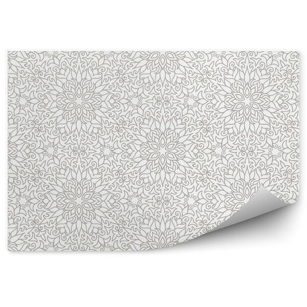 Papier peint Motif abstrait gris feuilles fleurs fond blanc