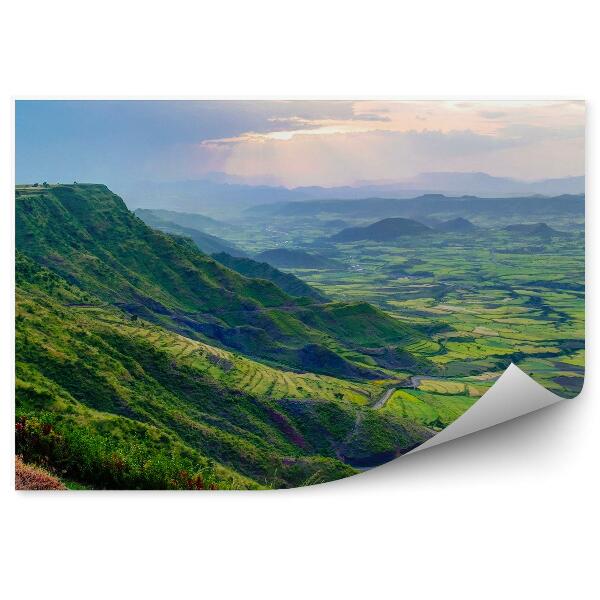 Papier peint Panorama Montagnes Route Champs Plantes Vertes Ciel Nuages Soleil