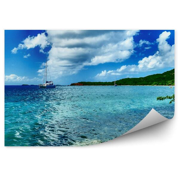 Papier peint Bateaux de plage Puerto Rico Eau bleue Verdure