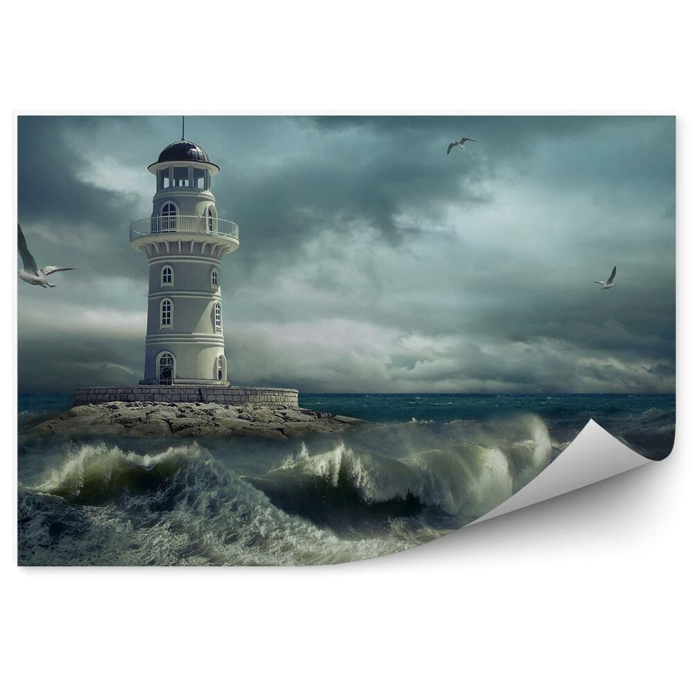 Papier peint Mouettes près du phare Mer agitée