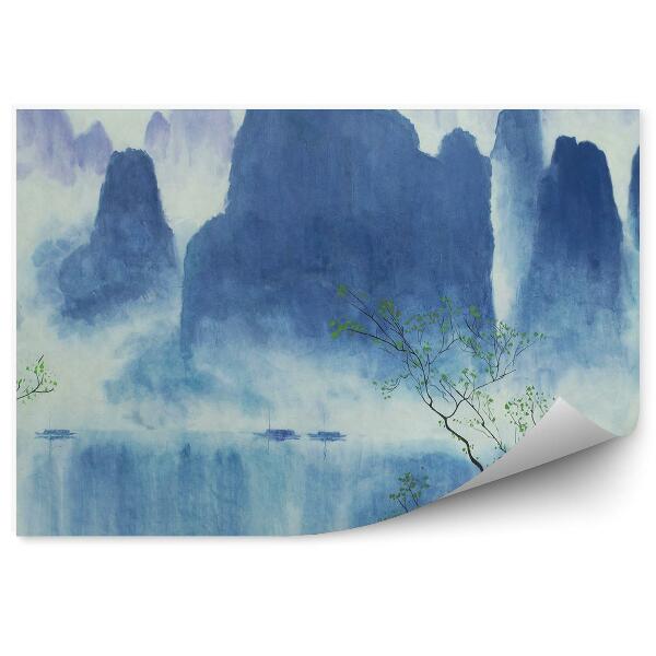 Papier peint Montagne Chinoise Arbres Bateaux Peinture