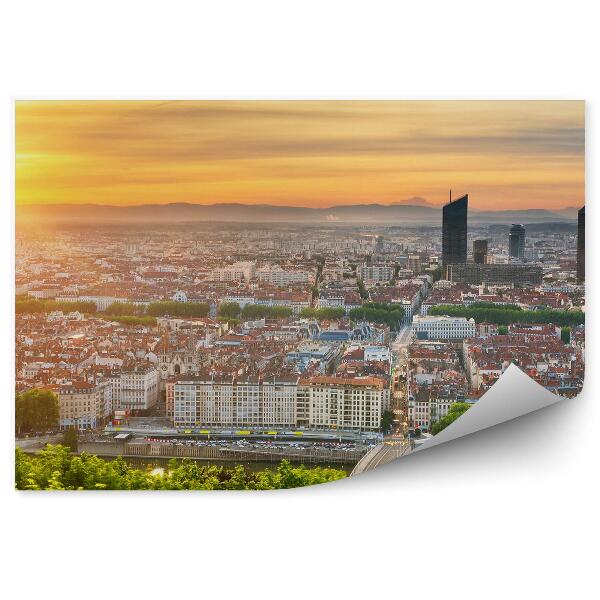 Papier peint Vue D'oiseau Ville Gratte-Ciel Arbres Plantes Coucher De Soleil Rivière