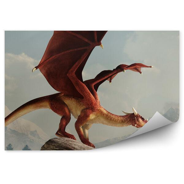 Tapisserie murale Dragon rouge sur fond de pics nuageux