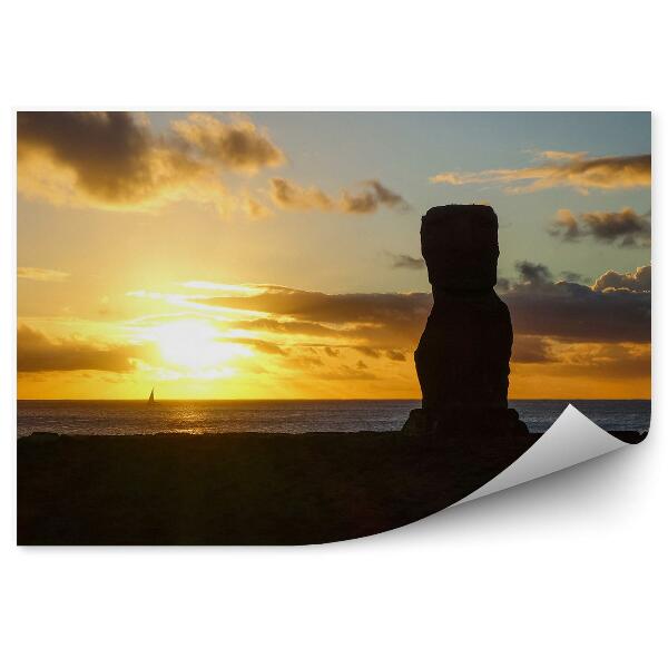 Papier peint Coucher De Soleil Océan Bateaux Statue Moai Easter Island