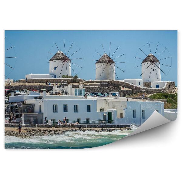 Papier peint Mykonos Îles Moulins à vent Touristes Vagues