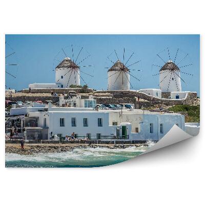 Papier peint Mykonos Îles Moulins à vent Touristes Vagues