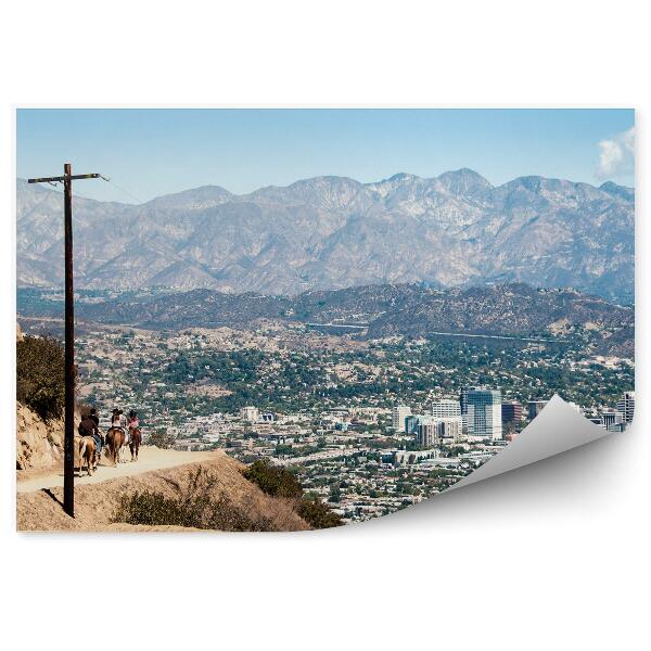 Papier peint Cheval Montagnes Gratte-ciel Herbe Ciel Nuages Californie Los Angeles