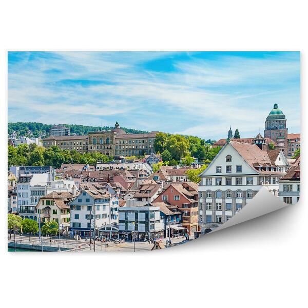 Papier peint Bâtiments Pont Rivière Église Ciel Nuages Zürich