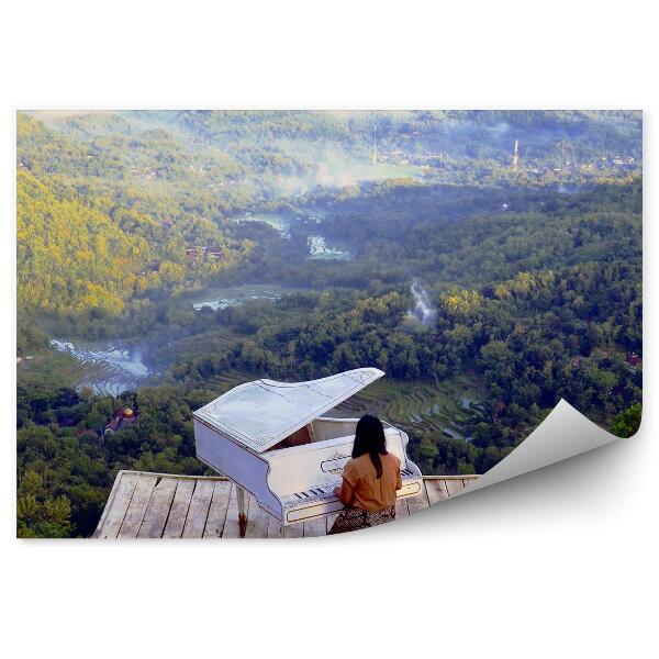 Papier peint Piano blanc Montagnes Arbres Rivière Vue Paysage Femme Instrument