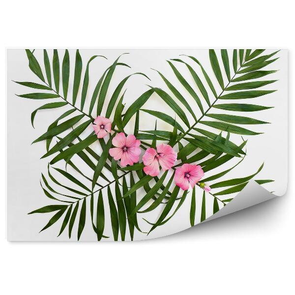 Papier peint Brindilles de feuilles tropicales Fleurs roses