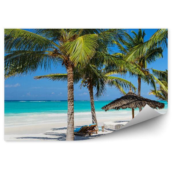 Papier peint Palmiers Tropicaux Plage Océan Ciel Nuages Chaises Longues Coquillages