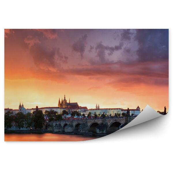 Papier peint Ponts Panorama de Prague Nuit de lumière Coucher de soleil