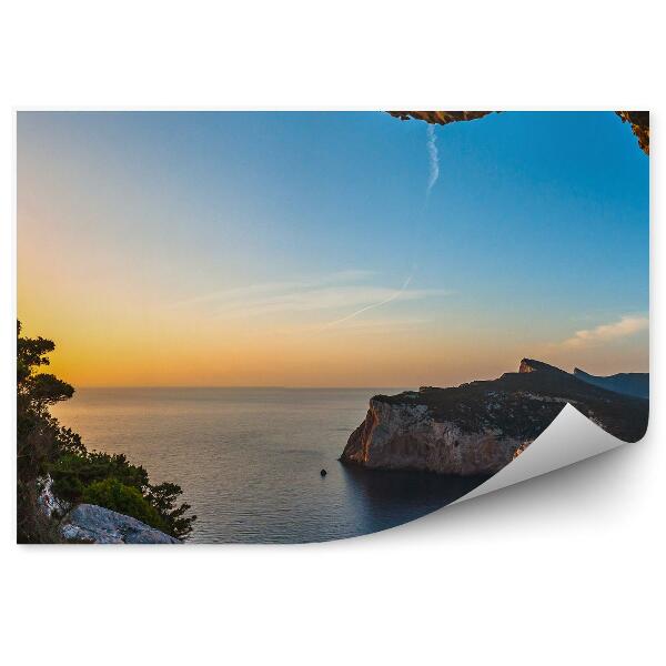 Papier peint Paysage De La Baie De Capo Caccia Rochers Arbres Ciel Nuages Coucher De Soleil