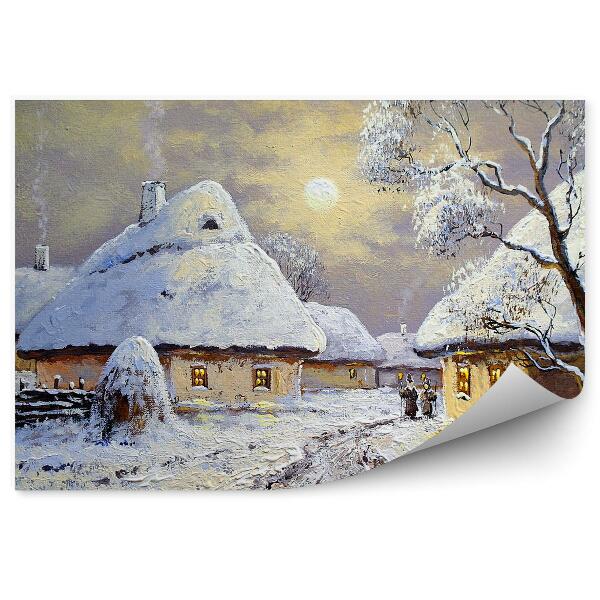 Papier peint Paysage de campagne, neige hivernale, peinture