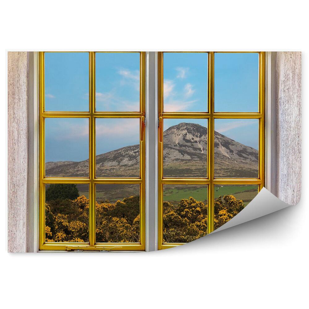 Papier peint Vue de la montagne, arbre, fenêtre dorée