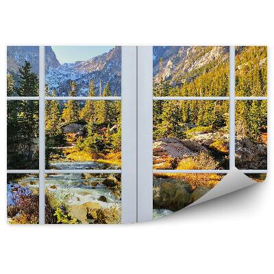 Papier peint Montagnes, forêt, arbres de Noël, ruisseau vert, vue de la fenêtre