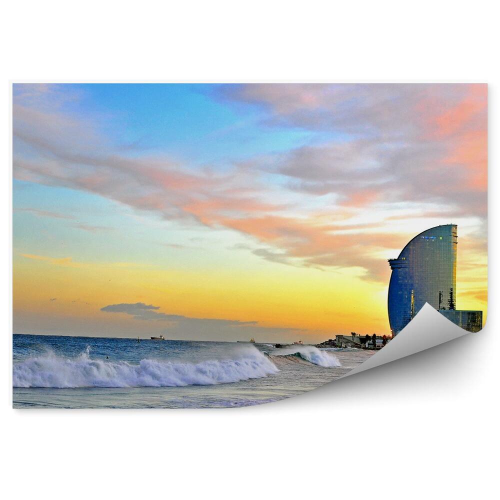Papier peint Gratte-ciel Vagues Mer Coucher de soleil