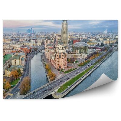 Papier peint Panorama De La Ville Route Voitures Bateaux Arbres Rivière Ciel Nuages